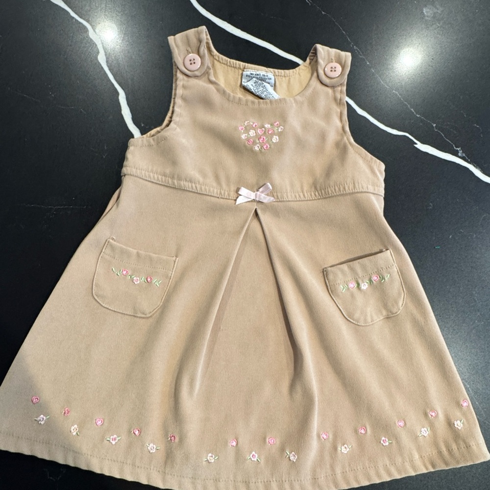 Charming Tan Kids Dress with Floral Embroidery